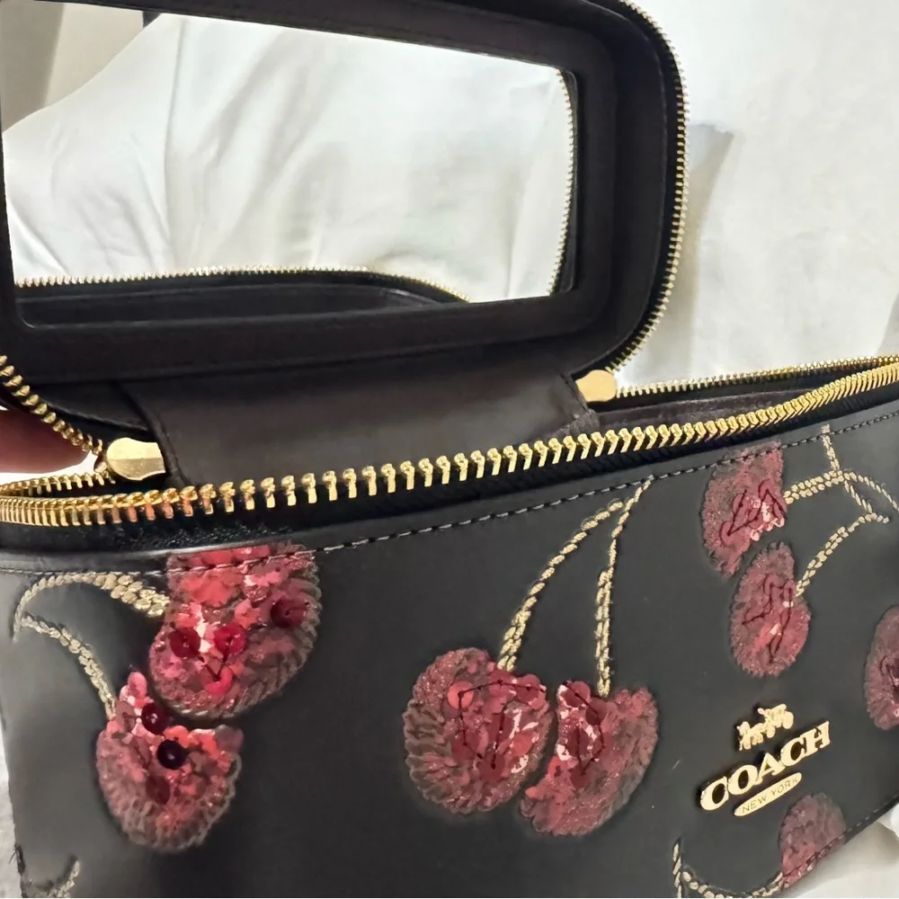 Coach leather cosmetic case black with red cherry's, interior mirror‎ NWT